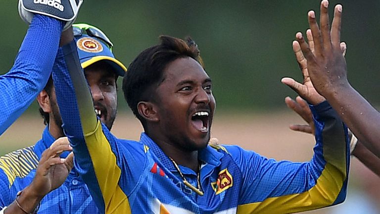 Sri Lanka spinner Akila Danajaya celebrates the wicket of Jason Roy in the first ODI, in Dambulla