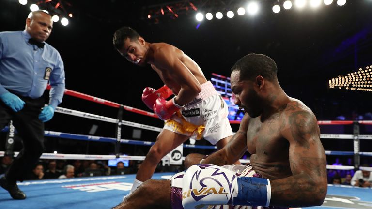 Alberto Machado Yuandale Evans during their WBA "regular" junior lightweight title fight at Madison Square Garden on October 27, 2018 in New York City.