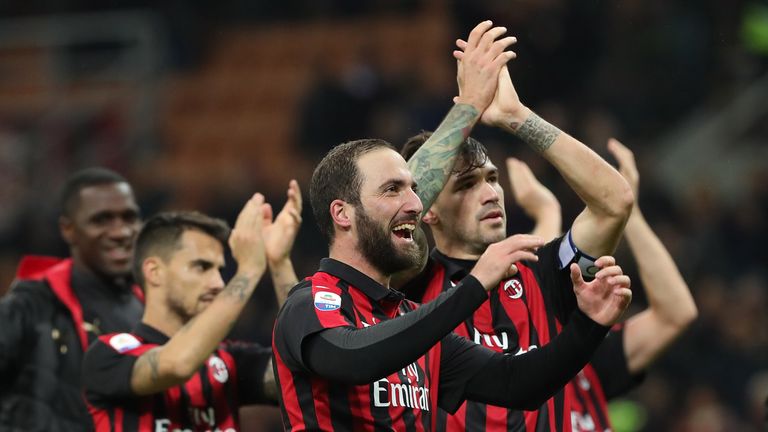 Alessio Romagnoli (R) and Gonzalo Higuain (L) of AC Milan celebrate victory over Genoa