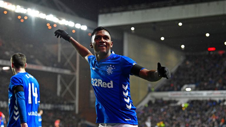Alfredo Morelos celebrates after scoring to make it 1-0 to Rangers v Kilmarnock, Scottish Premiership