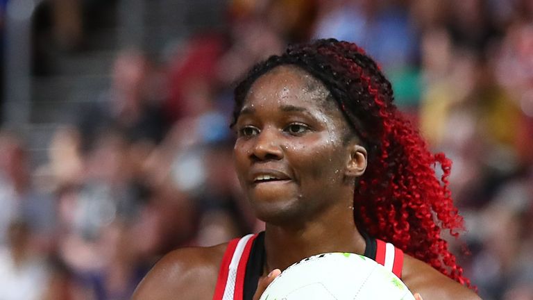 Ama Agbeze of England passes during the Netball match between England and Uganda on day four of the Gold Coast 2018 Commonwealth Games at Gold Coast Convention Centre on April 8, 2018 on the Gold Coast, Australia. 