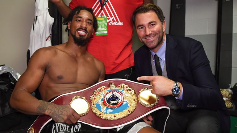 October 20, 2018; Boston, MA, USA; Demetrius Andrade celebrates his victory in his dressing room at the TD Garden in Boston, MA. Mandatory Credit: Matt Heasley/Matchroom Boxing USA