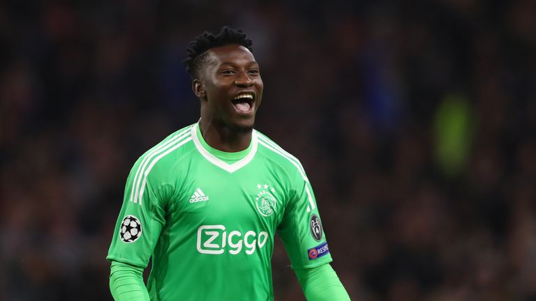 Andre Onana during the Group E match of the UEFA Champions League between Ajax and SL Benfica at Johan Cruyff Arena on October 23, 2018 in Amsterdam, Netherlands.