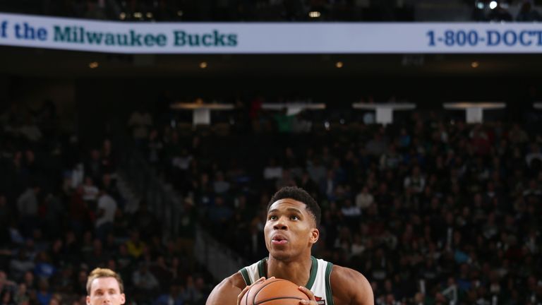 MILWUAKEE, WI - OCTOBER 27:  Giannis Antetokounmpo #34 of the Milwaukee Bucks shoots the ball against the Orlando Magic on October 27, 2018 at the Fiserv Forum in Milwaukee, Wisconsin. NOTE TO USER: User expressly acknowledges and agrees that, by downloading and or using this Photograph, user is consenting to the terms and conditions of the Getty Images License Agreement. Mandatory Copyright Notice: Copyright 2018 NBAE (Photo by Gary Dineen/NBAE via Getty Images)