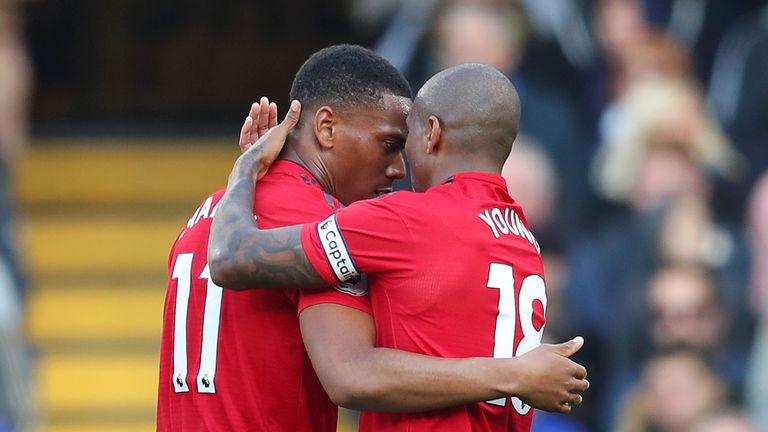 Anthony Martial celebrates scoring Manchester United's equaliser with Ashley Young