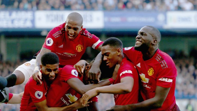 Manchester United celebrate during the Premier League match against Chelsea at Stamford Bridge on October 20, 2018 in London, United Kingdom.