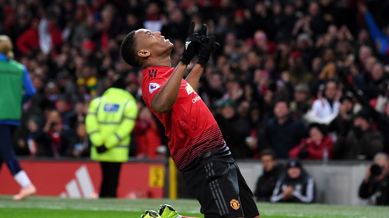 Anthony Martial celebrates scoring against Everton