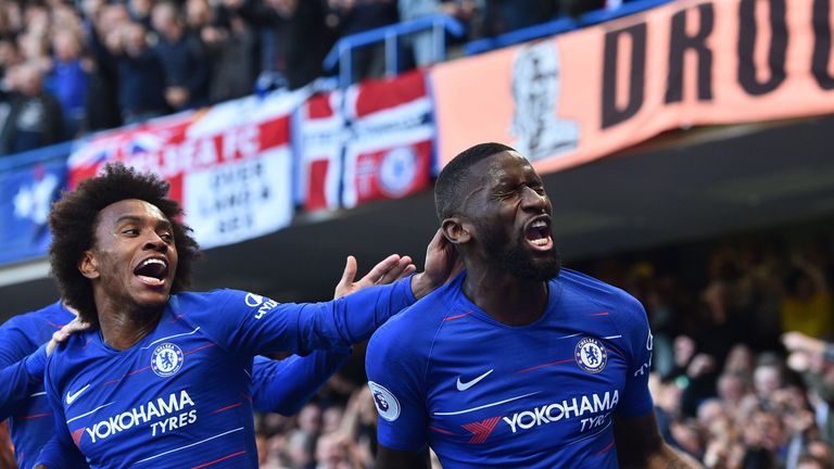 Antonio Rudiger celebrates after giving Chelsea the lead