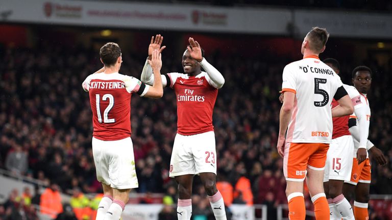 Arsenal celebrate during the Carabao Cup Fourth Round match between Arsenal and Blackpool at Emirates Stadium on October 31, 2018 in London, England.