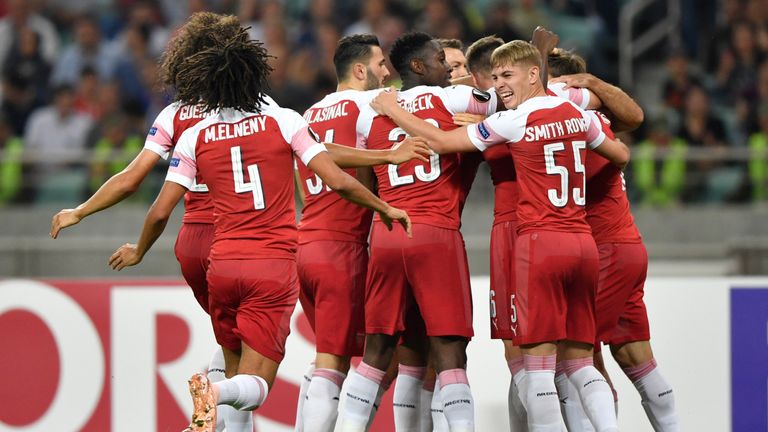 Arsenal celebrate Sokratis' early opener