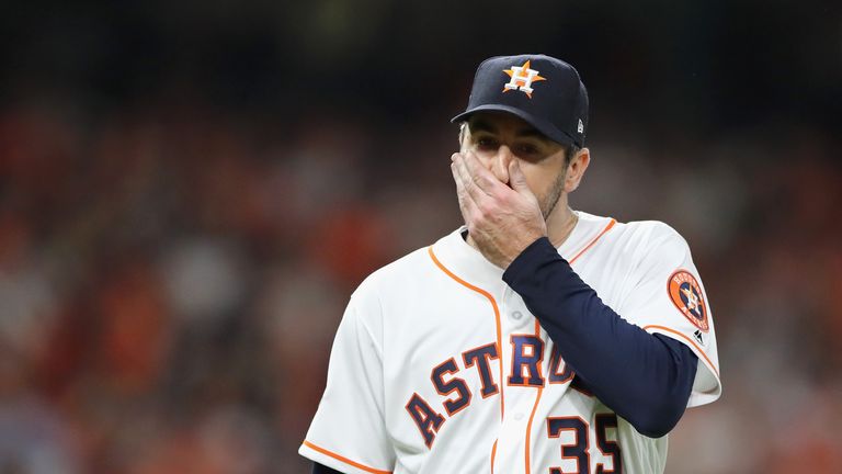 during Game Five of the American League Championship Series at Minute Maid Park on October 18, 2018 in Houston, Texas.