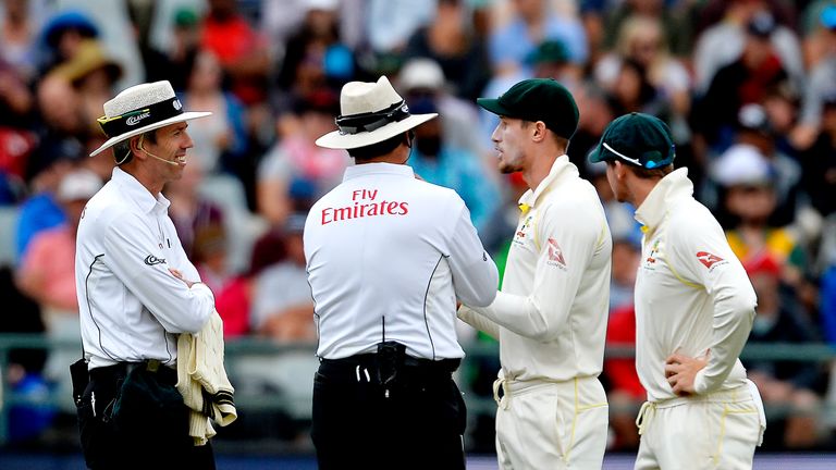 Umpires chatting with Cameron Bancroft and Steven Smith of Australia during day 3 of the 3rd Sunfoil Test match in Cape Town