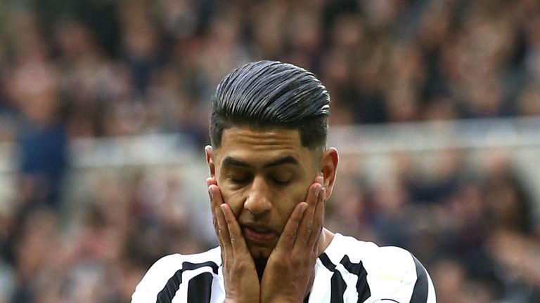 Ayoze Perez reacts after missing a chance in Newcastle&#39;s game with Brighton in the Premier League,.