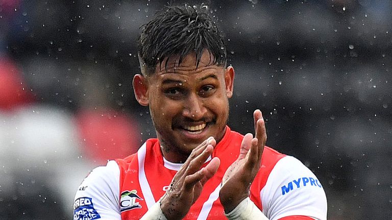St Helens&#39; Ben Barba celebrates scoring his side&#39;s third try of the game during the Betfred Super League match at the Select Security Stadium, Widnes.