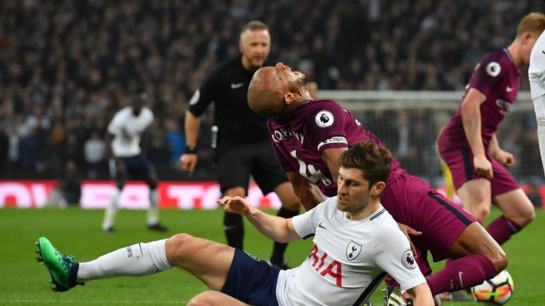 Ben Davies was lucky not to be sent off for a bad tackle on Vincent Kompany at Wembley