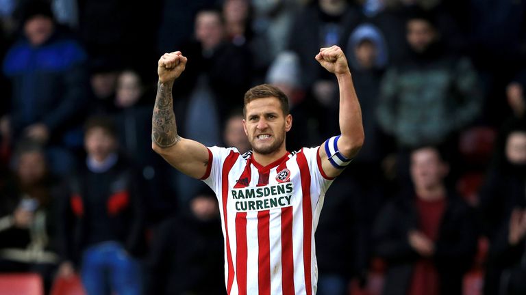 Sheffield United&#39;s Billy Sharp celebrates after he scores his sides third goal.
