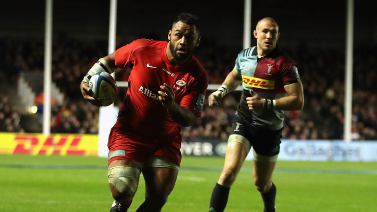 Billy Vunipola of Saracens breaks with the ball to score