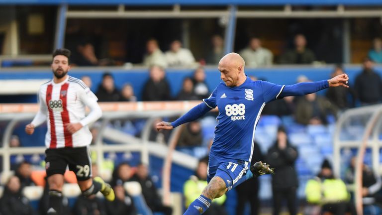 David Cotterill of Birmingham City attempts a shot on goal during the Sky Bet Championship match between Birmingham City and Brentford at St Andrews Stadium on January 2, 2017.