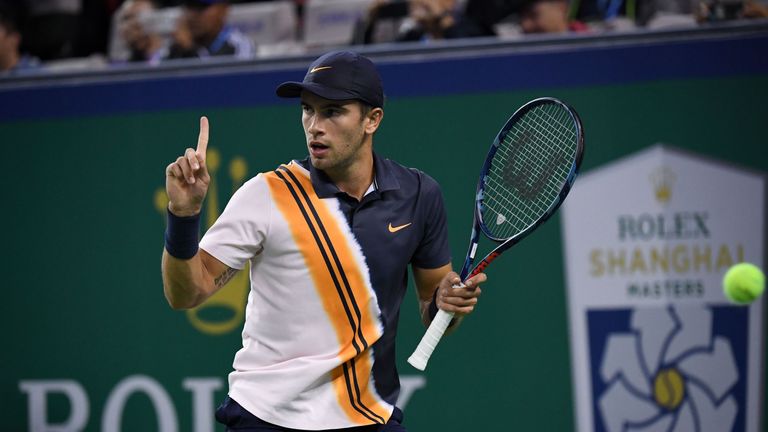 Croatia's Borna Coric reacts after winning a point against Stan Wawrinka of Switzerland during their men's single round of 64 match at the Shanghai Masters tennis tournament on October 8, 2018