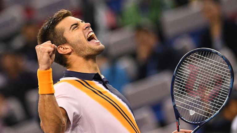 Borna Coric of Croatia reacts after winning against Matthew Ebden of Australia during their men's singles quarter-final match at the Shanghai Masters tennis tournament on October 12, 2018. 