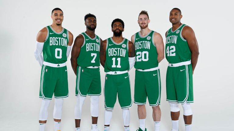 Jayson Tatum #0, Jaylen Brown #7, Kyrie Irving #11, Gordon Hayward #20 and Al Horford #42 of the Boston Celtics pose for a portrait at media day