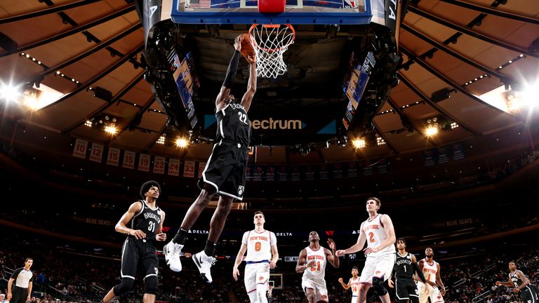 Caris LeVert #22 of the Brooklyn Nets dunks the ball against the New York Knicks on October 12, 2018 at Madison Square Garden in New York City, New York. 