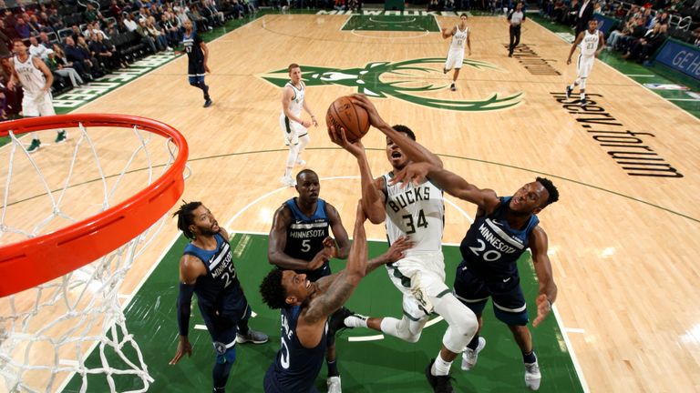 Giannis Antetokounmpo #34 of the Milwaukee Bucks shoots the ball against the Minnesota Timberwolves during a pre-season game on October 12, 2018 at Fiserv Forum, in Milwaukee, Wisconsin.