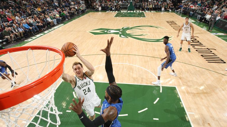 MILWUAKEE, WI - OCTOBER 27:  Pat Connaughton #24 of the Milwaukee Bucks shoots the ball against the Orlando Magic on October 27, 2018 at the Fiserv Forum in Milwaukee, Wisconsin. NOTE TO USER: User expressly acknowledges and agrees that, by downloading and or using this Photograph, user is consenting to the terms and conditions of the Getty Images License Agreement. Mandatory Copyright Notice: Copyright 2018 NBAE (Photo by Gary Dineen/NBAE via Getty Images)