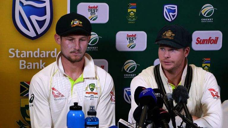 Cameron Bancroft and Steve Smith face the media after being accused of ball-tampering in March 2018