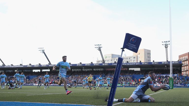 Aled Summerhill of Cardiff scores his sides opening try during the Champions Cup Pool 3 match between Cardiff Blues and Glasgow Warriors at Cardiff Arms Park on October 21, 2018 in Cardiff, United Kingdom.