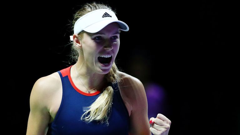 Caroline Wozniacki of Denmark reacts to match point in her singles match with Petra Kvitova of the Czech Republic prior to their singles match during day 3 of the BNP Paribas WTA Finals Singapore presented by SC Global at Singapore Sports Hub on October 23, 2018 in Singapore. 