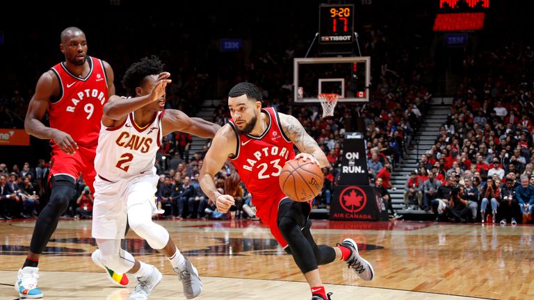 Fred VanVleet #23 of the Toronto Raptors handles the ball against the Cleveland Cavaliers on October 17, 2018 at Scotiabank Arena in Toronto, Ontario, Canada.