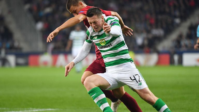 Celtic's Scottish midfielder Callum McGregor and Salzburg's Austrian defender Stefan Lainer vie for the ball during the UEFA Europe League Group B football match Salzburg v Celtic in Salzburg, Austria on October 4, 2018