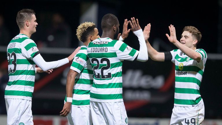 Celtic&#39;s Odsonne Edouard (centre right) celebrates scoring his side&#39;s fourth goal of the game with team-mate James Forrest (right) during the Scottish Premiership match at Dens Park, Dundee