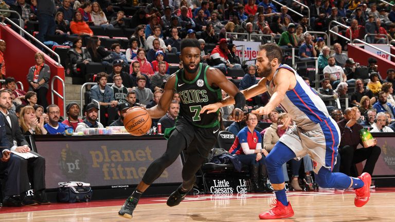 DETROIT, MI - OCTOBER 27: Jaylen Brown #7 of the Boston Celtics handles the ball against the Detroit Pistons on October 27, 2018 at Little Caesars Arena in Detroit, Michigan. NOTE TO USER: User expressly acknowledges and agrees that, by downloading and/or using this photograph, user is consenting to the terms and conditions of the Getty Images License Agreement. Mandatory Copyright Notice: Copyright 2018 NBAE (Photo by Chris Schwegler/NBAE via Getty Images)