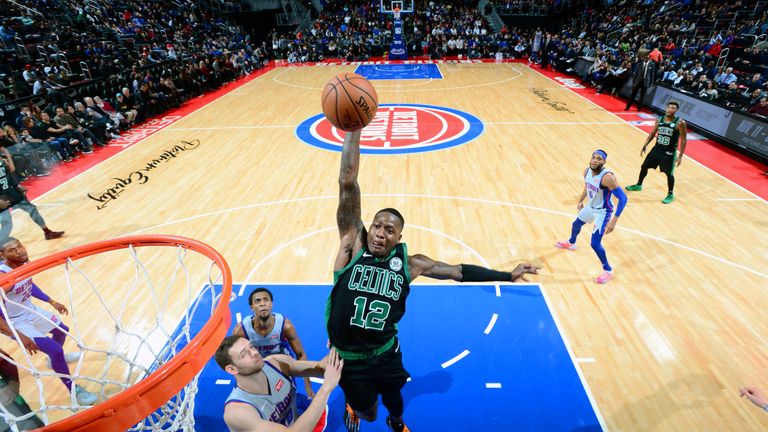 DETROIT, MI - OCTOBER 27: Terry Rozier #12 of the Boston Celtics dunks the ball against the Detroit Pistons on October 27, 2018 at Little Caesars Arena in Detroit, Michigan. NOTE TO USER: User expressly acknowledges and agrees that, by downloading and/or using this photograph, user is consenting to the terms and conditions of the Getty Images License Agreement. Mandatory Copyright Notice: Copyright 2018 NBAE (Photo by Chris Schwegler/NBAE via Getty Images)