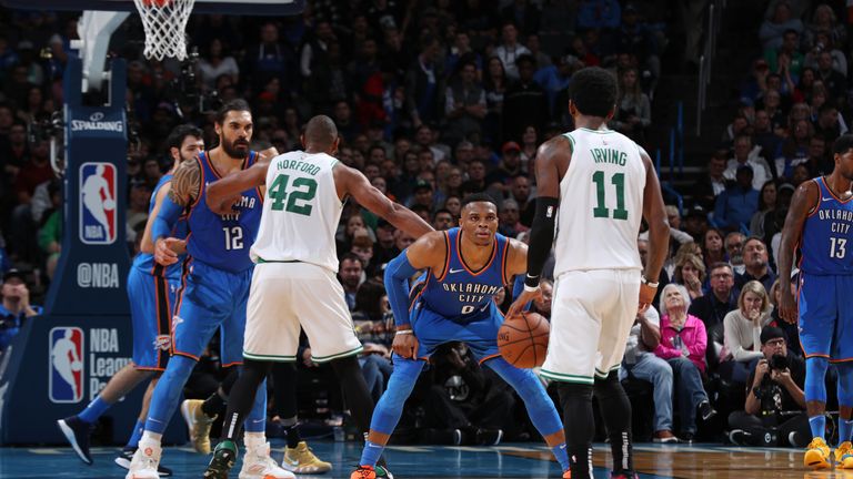 Kyrie Irving #11 of the Boston Celtics handles the ball against Russell Westbrook #0 of the Oklahoma City Thunder on October 25, 2018 at Chesapeake Energy Arena in Oklahoma City, Oklahoma.