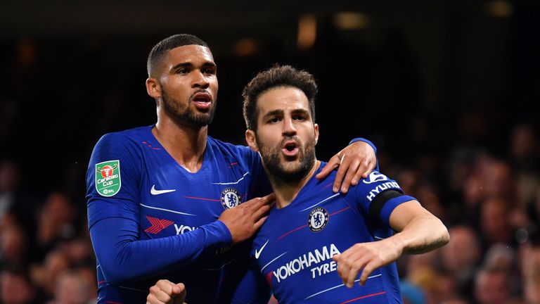 Cesc Fabregas of Chelsea celebrates with teammate Ruben Loftus-Cheek after scoring his team's third goal during the Carabao Cup Fourth Round match between Chelsea and Derby County at Stamford Bridge on October 31, 2018 in London, England