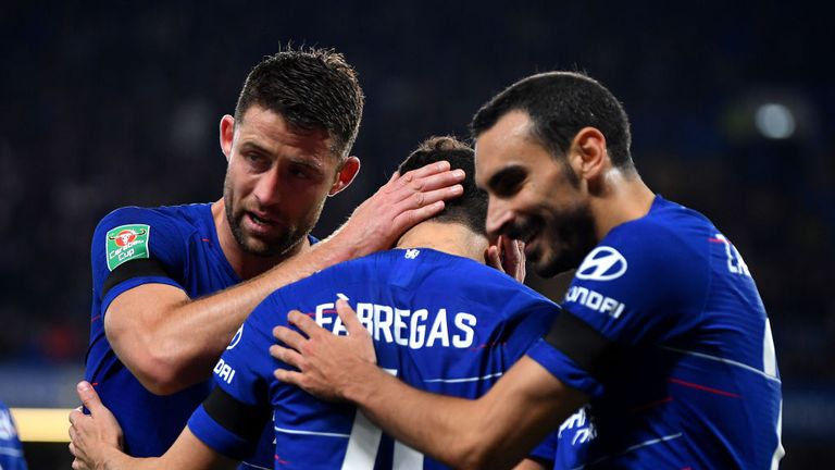 Chelsea celebrate during the Carabao Cup Fourth Round match between Chelsea and Derby County at Stamford Bridge on October 31, 2018 in London, England.