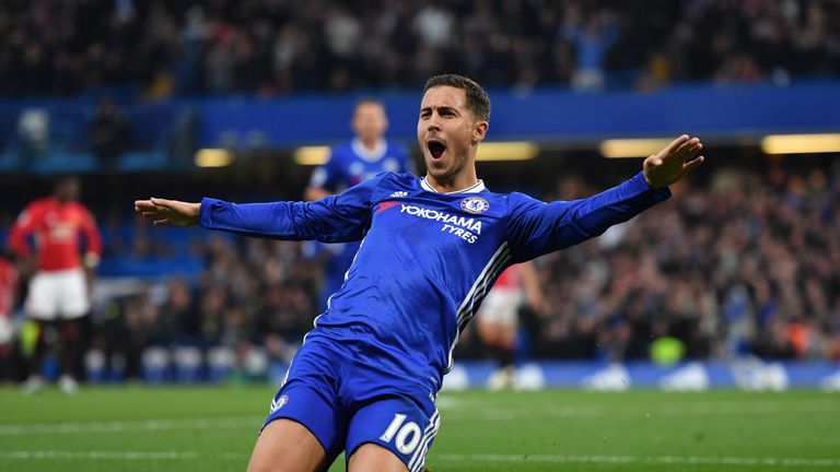 Eden Hazard celebrates scoring Chelsea's third goal against Manchester United