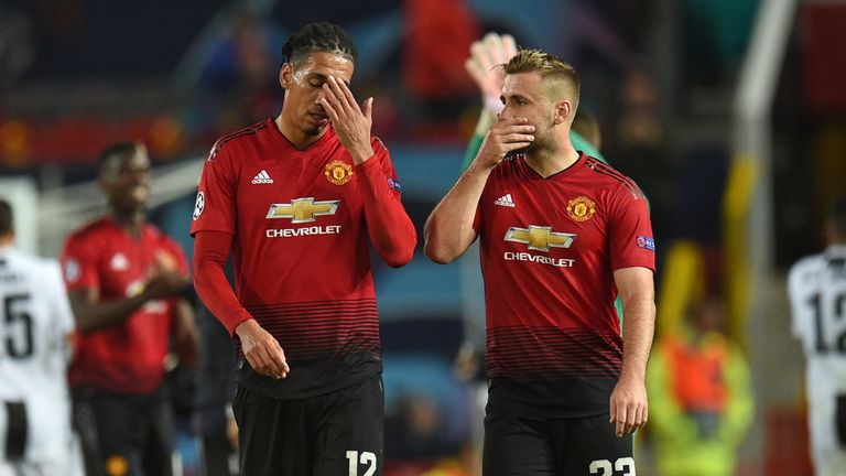 Chris Smalling (L) and Luke Shaw (R) react to Manchester United's defeat against Juventus