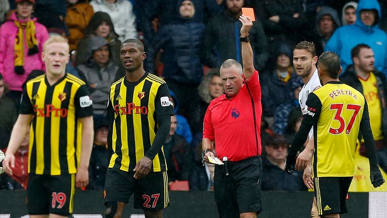 Christian Kabasele is sent off for Watford after receiving a second yellow card