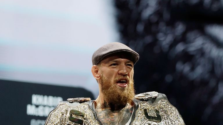 Conor McGregor speaks during a press conference for UFC 229 at Park Theater at Park MGM on October 03, 2018 in Las Vegas, Nevada. McGregor will challenge UFC lightweight champion Khabib Nurmagomedov for his title at UFC 229 on October 6 at T-Mobile Arena in Las Vegas.