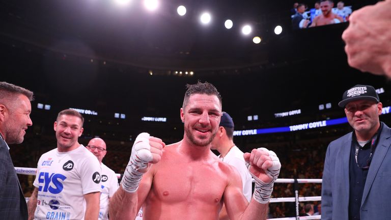 October 20, 2018; Boston, MA, USA; Tommy Coyle and Ryan Kielczweski during their bout at the TD Garden in Boston, MA. Mandatory Credit: Ed Mulholland/Matchroom Boxing USA