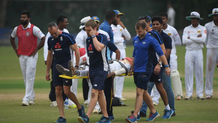 Pathum Nissanka being stretchered off during the tour match with England