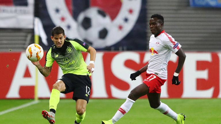 Cristian Gamboa of Celtic is closed down by Bruma of RB Leipzig during the UEFA Europa League Group B match