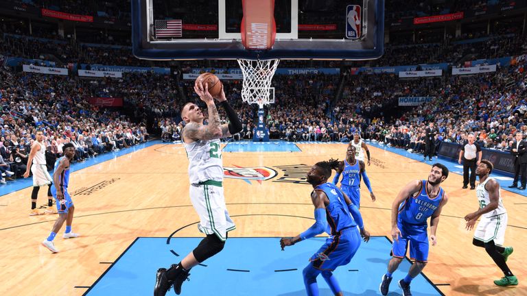 Daniel Theis #27 of the Boston Celtics goes to the basket against the Oklahoma City Thunder on October 25, 2018 at Chesapeake Energy Arena in Oklahoma City, Oklahoma.
