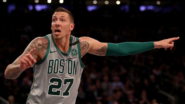 Daniel Theis #27 of the Boston Celtics reacts to a call in the second half against the New York Knicks at Madison Square Garden on February 24,2018 in New York City.