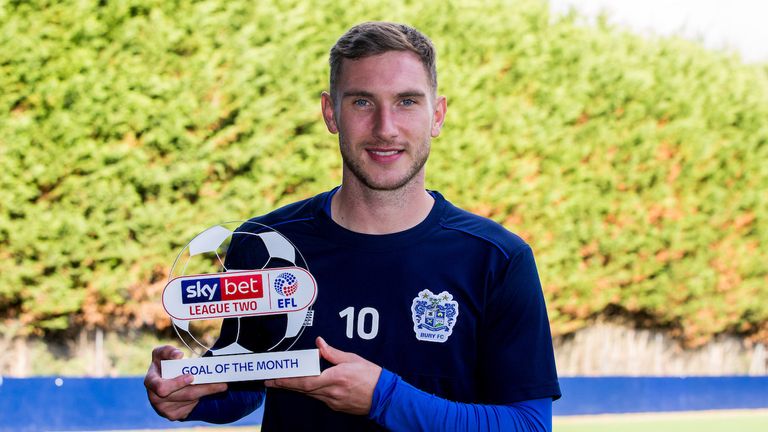 Danny Mayor of Bury wins the Sky Bet League Two Goal of the Month award - Mandatory by-line: Robbie Stephenson/JMP - 22/10/2018 - FOOTBALL - Carrington Training Ground  - Manchester, England - Sky Bet Goal of the Month Award