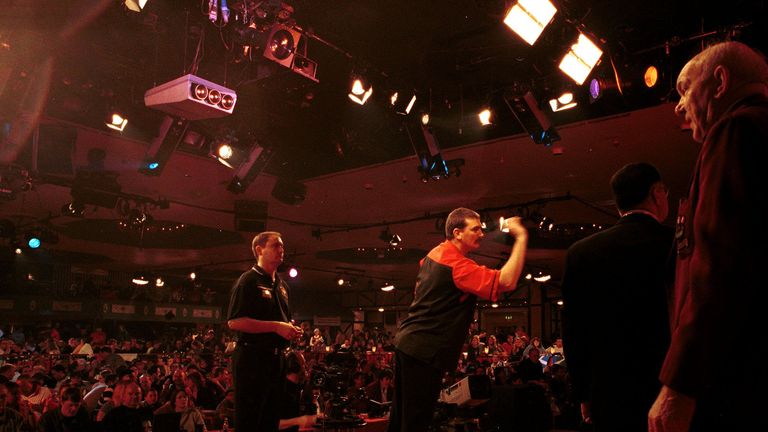 A general view of Steve Alker of Wales in action during the Embassy Darts World Championship match against Matt Clarke of England played at Lakeside, Frimley Green, Camberly.